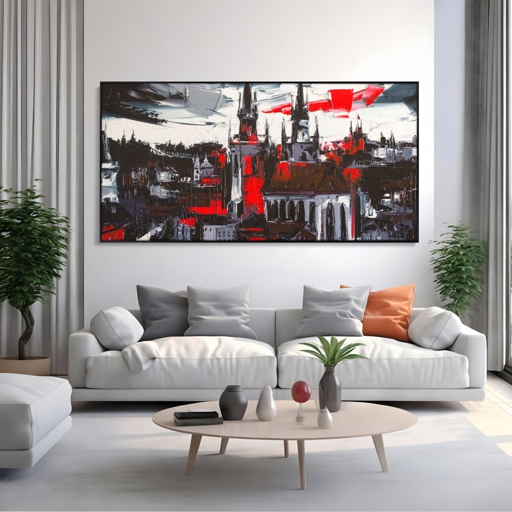 Leinwandbilder Premium, LuxCanva® O1013, Gotische Stadt, Mittelalterlich, Flammen, Schwarz, Rot, Grau, Türme, Urban, Mauern, Alt, Schatten, Kathedrale, Stein, Kontrast, Dramatisch, Atmosphäre, Büro, Wohnen, Schlafzimmer