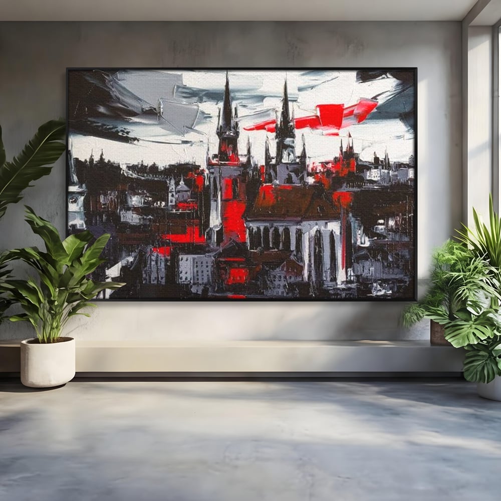 Leinwandbilder Premium, LuxCanva® O1013, Gotische Stadt, Mittelalterlich, Flammen, Schwarz, Rot, Grau, Türme, Urban, Mauern, Alt, Schatten, Kathedrale, Stein, Kontrast, Dramatisch, Atmosphäre, Büro, Wohnen, Schlafzimmer