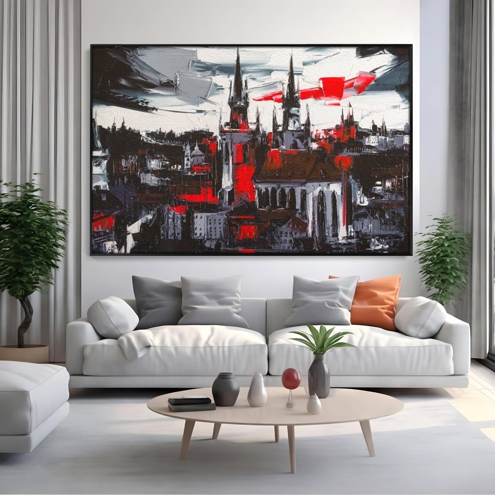 Leinwandbilder Premium, LuxCanva® O1013, Gotische Stadt, Mittelalterlich, Flammen, Schwarz, Rot, Grau, Türme, Urban, Mauern, Alt, Schatten, Kathedrale, Stein, Kontrast, Dramatisch, Atmosphäre, Büro, Wohnen, Schlafzimmer