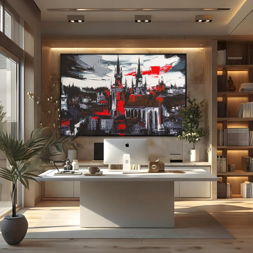 Leinwandbilder Premium, LuxCanva® O1013, Gotische Stadt, Mittelalterlich, Flammen, Schwarz, Rot, Grau, Türme, Urban, Mauern, Alt, Schatten, Kathedrale, Stein, Kontrast, Dramatisch, Atmosphäre, Büro, Wohnen, Schlafzimmer