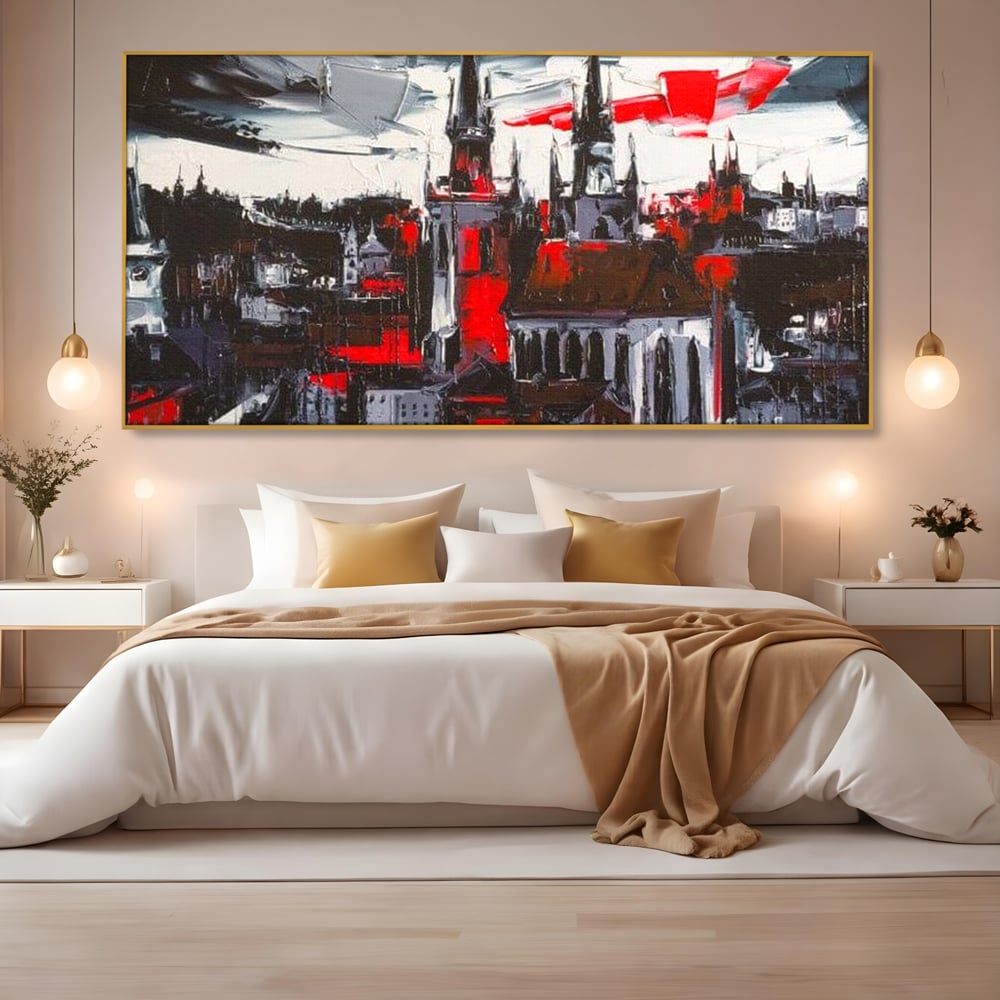 Leinwandbilder Premium, LuxCanva® O1013, Gotische Stadt, Mittelalterlich, Flammen, Schwarz, Rot, Grau, Türme, Urban, Mauern, Alt, Schatten, Kathedrale, Stein, Kontrast, Dramatisch, Atmosphäre, Büro, Wohnen, Schlafzimmer