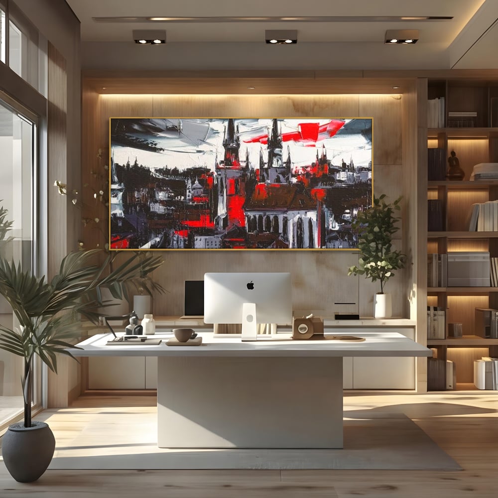 Leinwandbilder Premium, LuxCanva® O1013, Gotische Stadt, Mittelalterlich, Flammen, Schwarz, Rot, Grau, Türme, Urban, Mauern, Alt, Schatten, Kathedrale, Stein, Kontrast, Dramatisch, Atmosphäre, Büro, Wohnen, Schlafzimmer