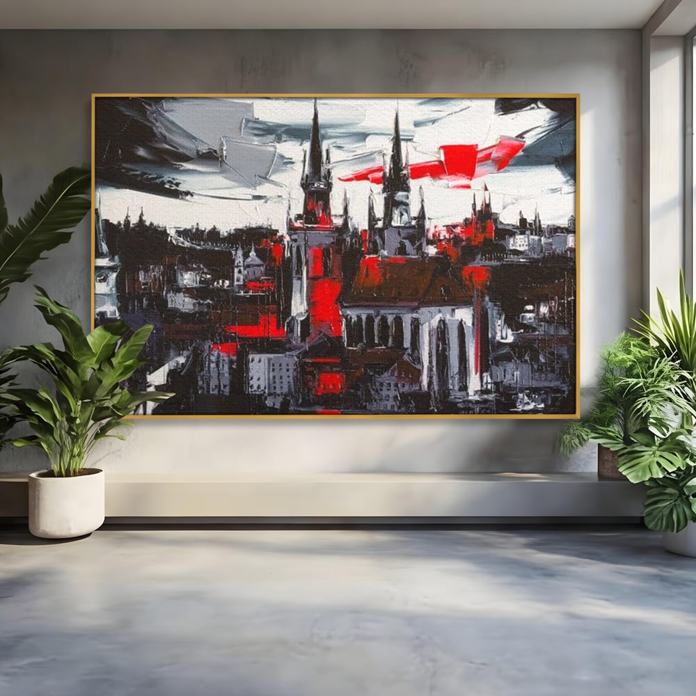 Leinwandbilder Premium, LuxCanva® O1013, Gotische Stadt, Mittelalterlich, Flammen, Schwarz, Rot, Grau, Türme, Urban, Mauern, Alt, Schatten, Kathedrale, Stein, Kontrast, Dramatisch, Atmosphäre, Büro, Wohnen, Schlafzimmer
