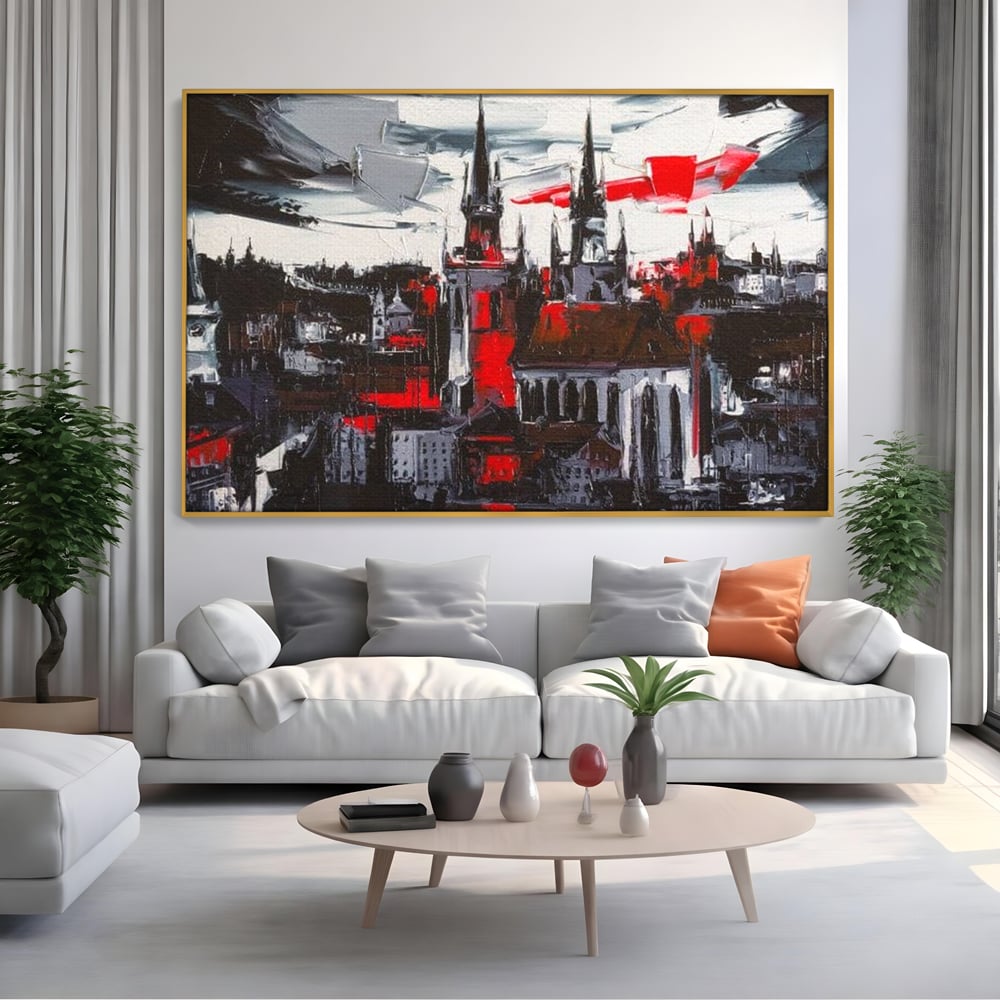 Leinwandbilder Premium, LuxCanva® O1013, Gotische Stadt, Mittelalterlich, Flammen, Schwarz, Rot, Grau, Türme, Urban, Mauern, Alt, Schatten, Kathedrale, Stein, Kontrast, Dramatisch, Atmosphäre, Büro, Wohnen, Schlafzimmer