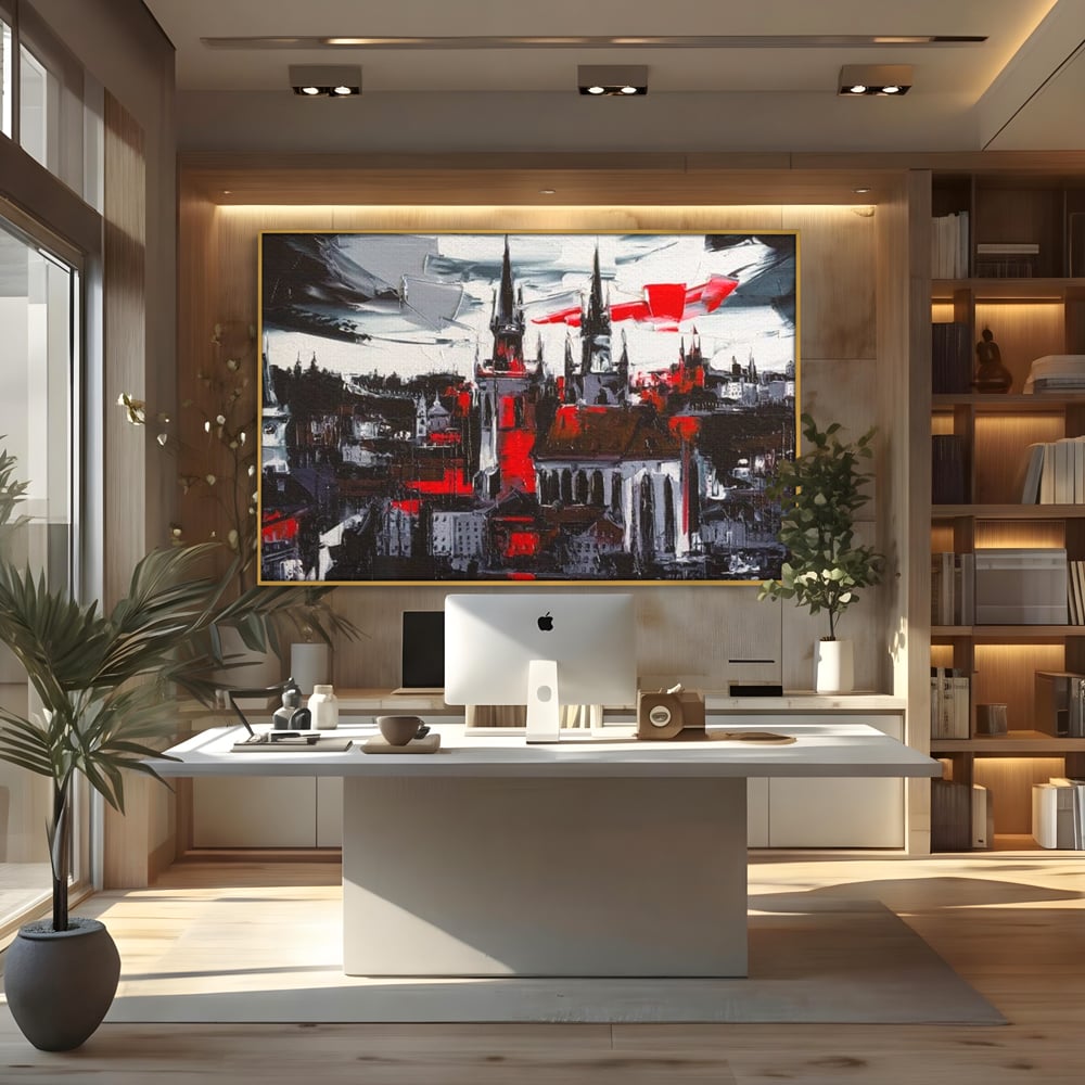 Leinwandbilder Premium, LuxCanva® O1013, Gotische Stadt, Mittelalterlich, Flammen, Schwarz, Rot, Grau, Türme, Urban, Mauern, Alt, Schatten, Kathedrale, Stein, Kontrast, Dramatisch, Atmosphäre, Büro, Wohnen, Schlafzimmer