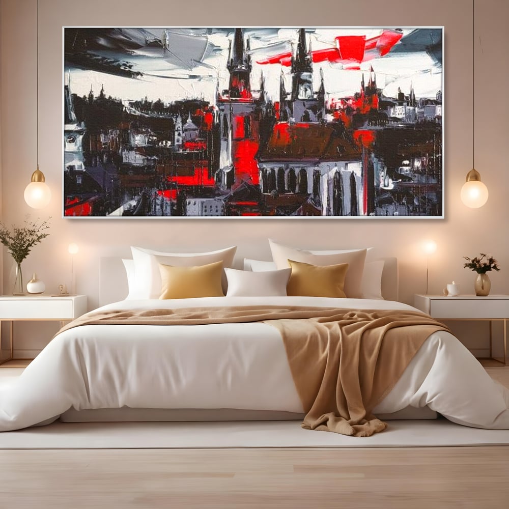 Leinwandbilder Premium, LuxCanva® O1013, Gotische Stadt, Mittelalterlich, Flammen, Schwarz, Rot, Grau, Türme, Urban, Mauern, Alt, Schatten, Kathedrale, Stein, Kontrast, Dramatisch, Atmosphäre, Büro, Wohnen, Schlafzimmer