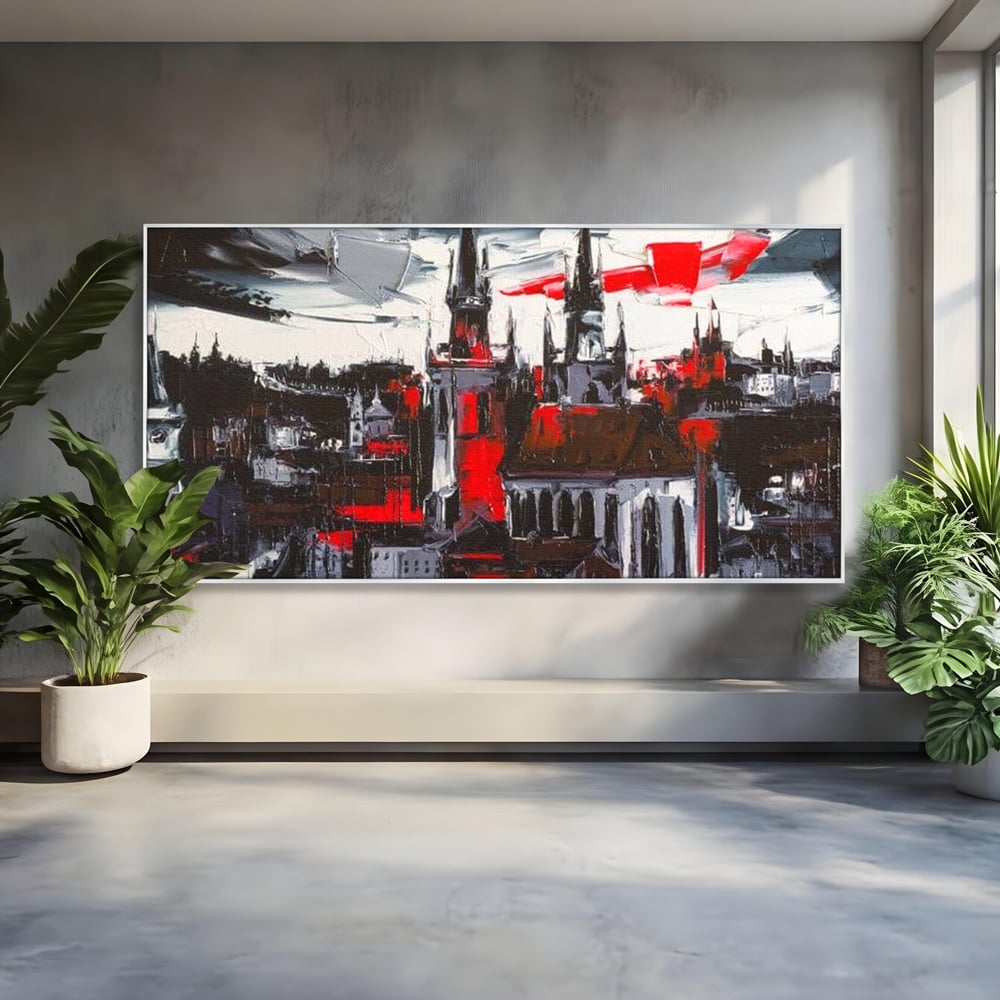 Leinwandbilder Premium, LuxCanva® O1013, Gotische Stadt, Mittelalterlich, Flammen, Schwarz, Rot, Grau, Türme, Urban, Mauern, Alt, Schatten, Kathedrale, Stein, Kontrast, Dramatisch, Atmosphäre, Büro, Wohnen, Schlafzimmer