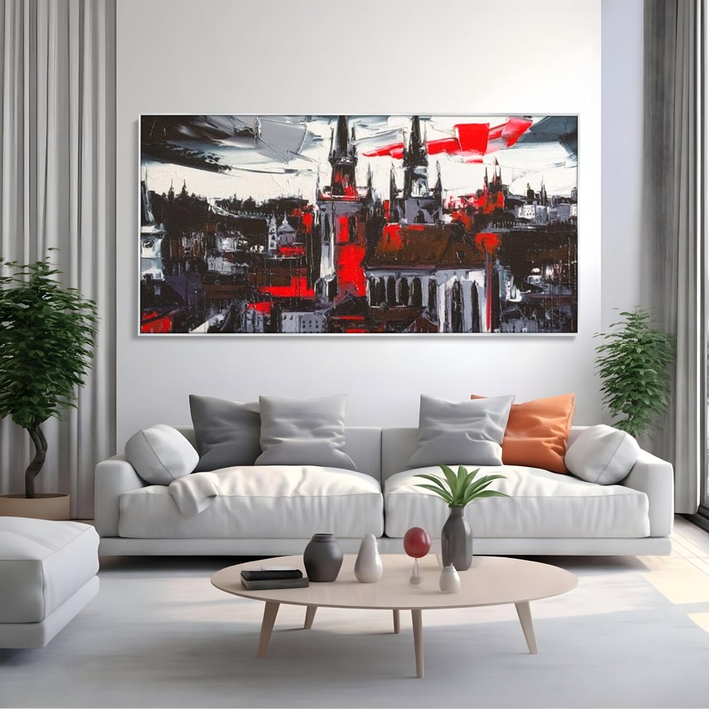 Leinwandbilder Premium, LuxCanva® O1013, Gotische Stadt, Mittelalterlich, Flammen, Schwarz, Rot, Grau, Türme, Urban, Mauern, Alt, Schatten, Kathedrale, Stein, Kontrast, Dramatisch, Atmosphäre, Büro, Wohnen, Schlafzimmer