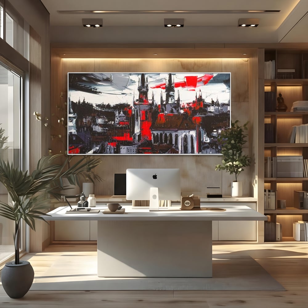 Leinwandbilder Premium, LuxCanva® O1013, Gotische Stadt, Mittelalterlich, Flammen, Schwarz, Rot, Grau, Türme, Urban, Mauern, Alt, Schatten, Kathedrale, Stein, Kontrast, Dramatisch, Atmosphäre, Büro, Wohnen, Schlafzimmer