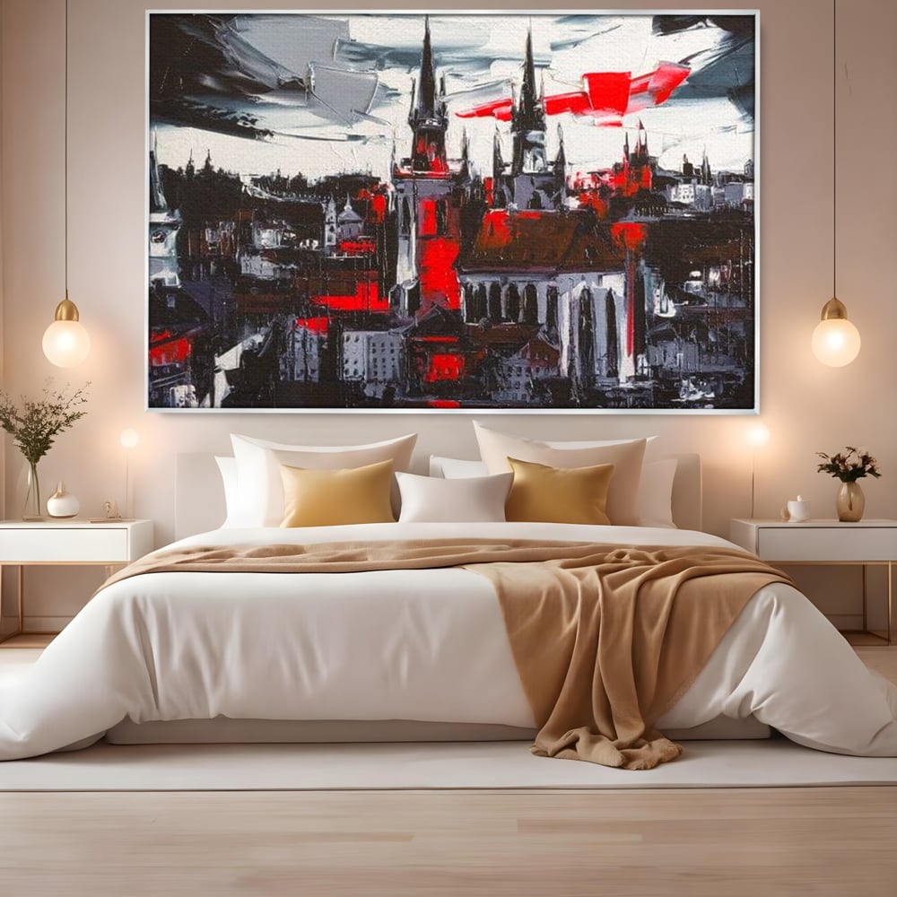 Leinwandbilder Premium, LuxCanva® O1013, Gotische Stadt, Mittelalterlich, Flammen, Schwarz, Rot, Grau, Türme, Urban, Mauern, Alt, Schatten, Kathedrale, Stein, Kontrast, Dramatisch, Atmosphäre, Büro, Wohnen, Schlafzimmer