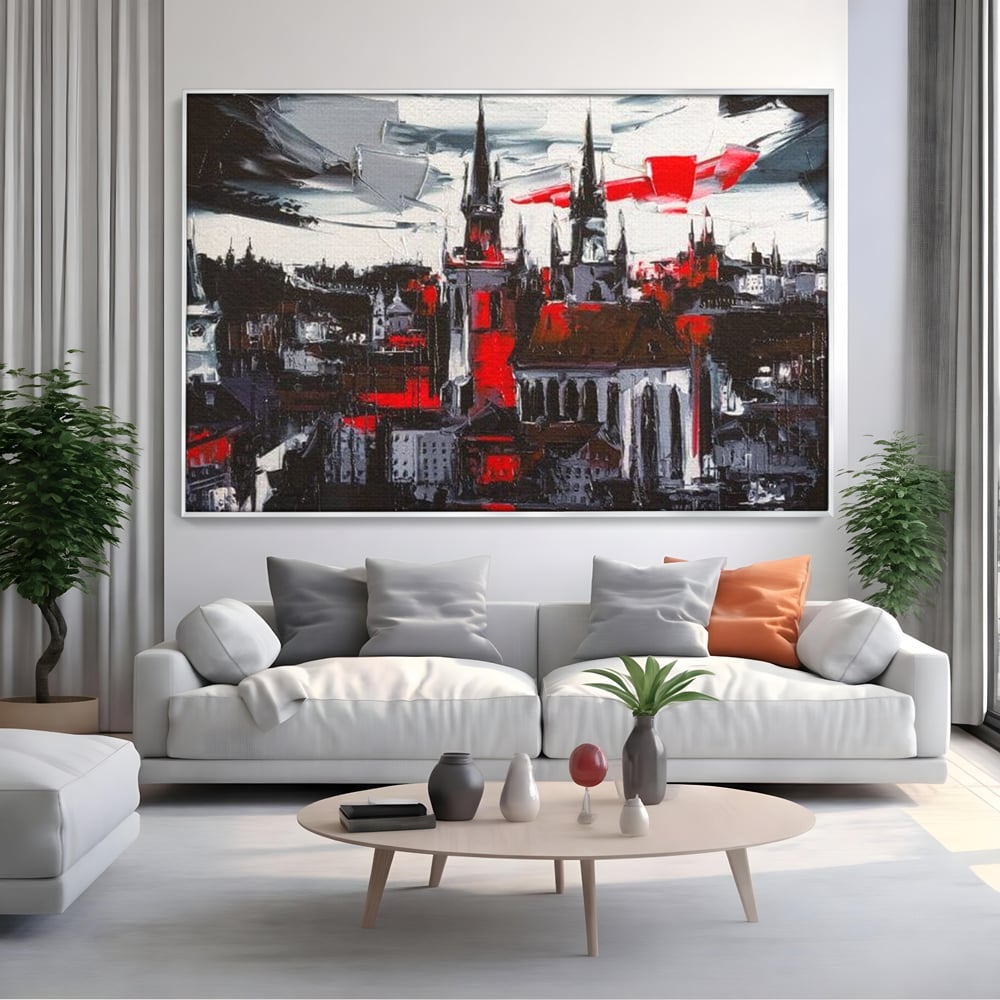 Leinwandbilder Premium, LuxCanva® O1013, Gotische Stadt, Mittelalterlich, Flammen, Schwarz, Rot, Grau, Türme, Urban, Mauern, Alt, Schatten, Kathedrale, Stein, Kontrast, Dramatisch, Atmosphäre, Büro, Wohnen, Schlafzimmer