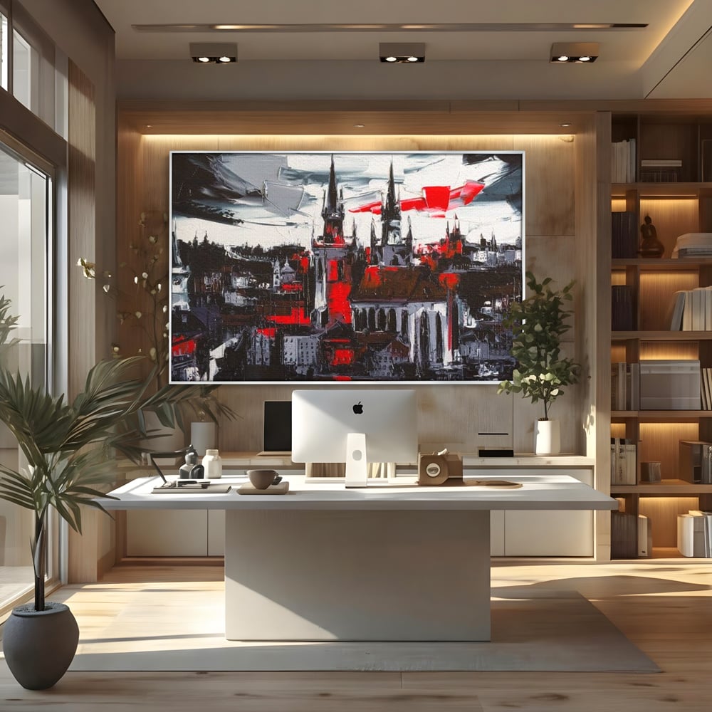 Leinwandbilder Premium, LuxCanva® O1013, Gotische Stadt, Mittelalterlich, Flammen, Schwarz, Rot, Grau, Türme, Urban, Mauern, Alt, Schatten, Kathedrale, Stein, Kontrast, Dramatisch, Atmosphäre, Büro, Wohnen, Schlafzimmer