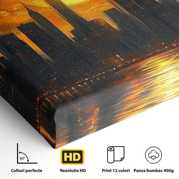 Tablou Canvas Premium, LuxCanva® O1015, Apus Deasupra Metropolei, Apus, Astru, Soare, Flacari, Oras, Cladiri, Zgarie Nori, Cosmic, Apocaliptic, Ancestral, Poveste, Calatorie, Birou, Living, Dormitor