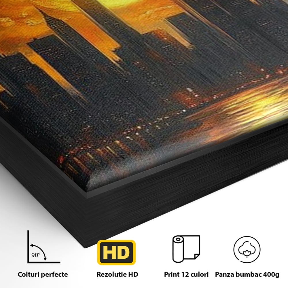 Tablou Canvas Premium, LuxCanva® O1015, Apus Deasupra Metropolei, Apus, Astru, Soare, Flacari, Oras, Cladiri, Zgarie Nori, Cosmic, Apocaliptic, Ancestral, Poveste, Calatorie, Birou, Living, Dormitor