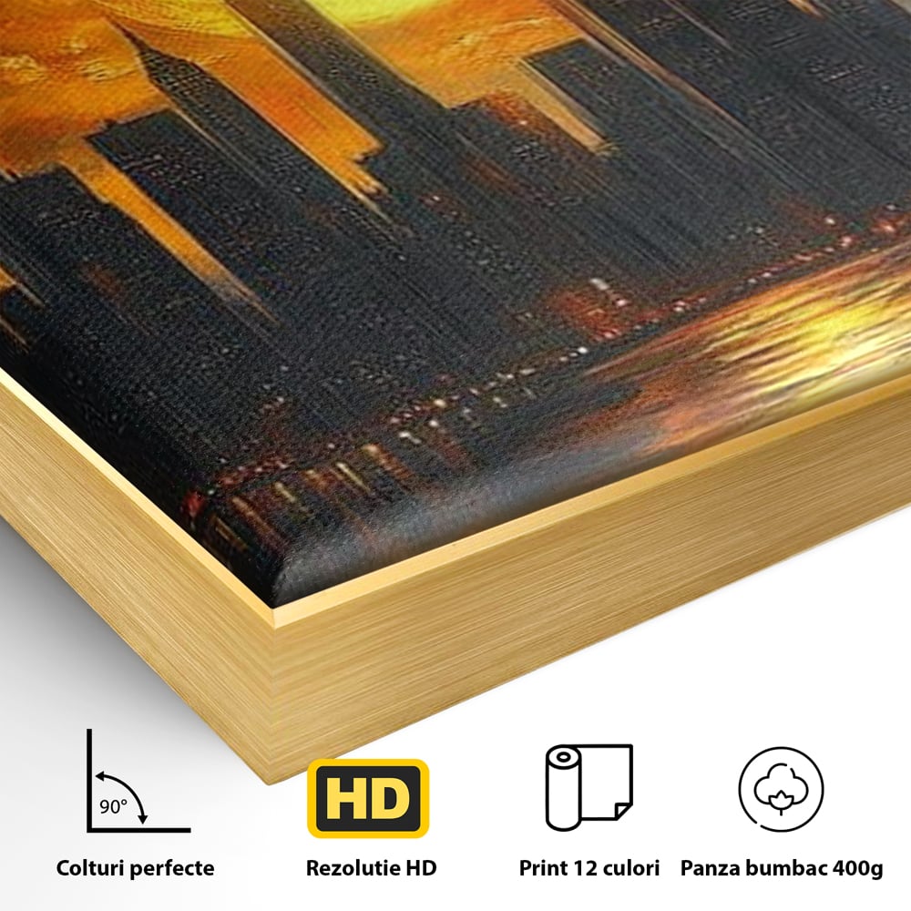 Tablou Canvas Premium, LuxCanva® O1015, Apus Deasupra Metropolei, Apus, Astru, Soare, Flacari, Oras, Cladiri, Zgarie Nori, Cosmic, Apocaliptic, Ancestral, Poveste, Calatorie, Birou, Living, Dormitor