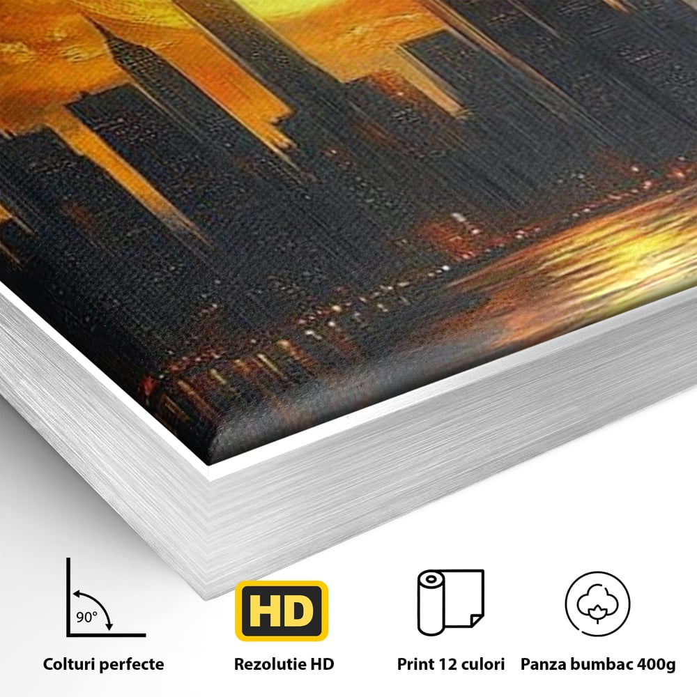Tablou Canvas Premium, LuxCanva® O1015, Apus Deasupra Metropolei, Apus, Astru, Soare, Flacari, Oras, Cladiri, Zgarie Nori, Cosmic, Apocaliptic, Ancestral, Poveste, Calatorie, Birou, Living, Dormitor