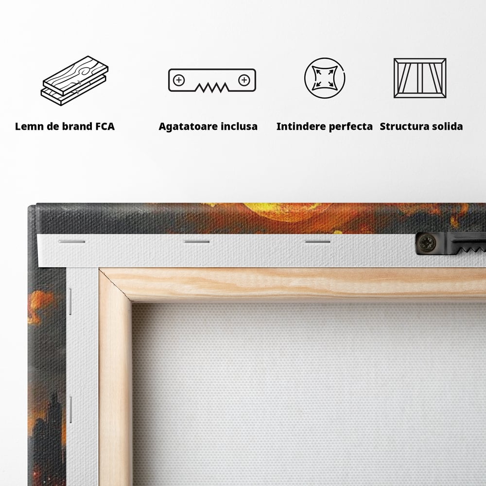 Tablou Canvas Premium, LuxCanva® O1015, Apus Deasupra Metropolei, Apus, Astru, Soare, Flacari, Oras, Cladiri, Zgarie Nori, Cosmic, Apocaliptic, Ancestral, Poveste, Calatorie, Birou, Living, Dormitor