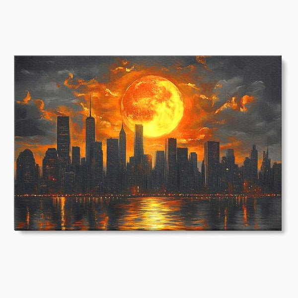 Tablou Canvas Premium, LuxCanva® O1015, Apus Deasupra Metropolei, Apus, Astru, Soare, Flacari, Oras, Cladiri, Zgarie Nori, Cosmic, Apocaliptic, Ancestral, Poveste, Calatorie, Birou, Living, Dormitor