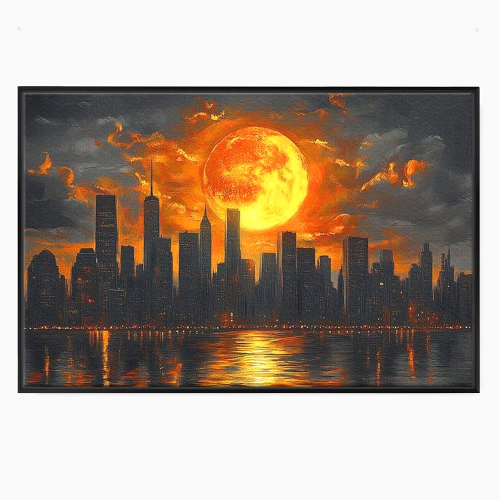 Tablou Canvas Premium, LuxCanva® O1015, Apus Deasupra Metropolei, Apus, Astru, Soare, Flacari, Oras, Cladiri, Zgarie Nori, Cosmic, Apocaliptic, Ancestral, Poveste, Calatorie, Birou, Living, Dormitor
