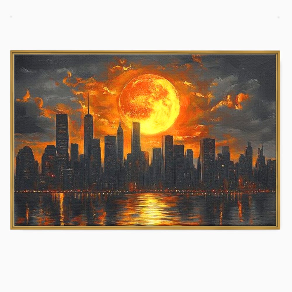 Tablou Canvas Premium, LuxCanva® O1015, Apus Deasupra Metropolei, Apus, Astru, Soare, Flacari, Oras, Cladiri, Zgarie Nori, Cosmic, Apocaliptic, Ancestral, Poveste, Calatorie, Birou, Living, Dormitor