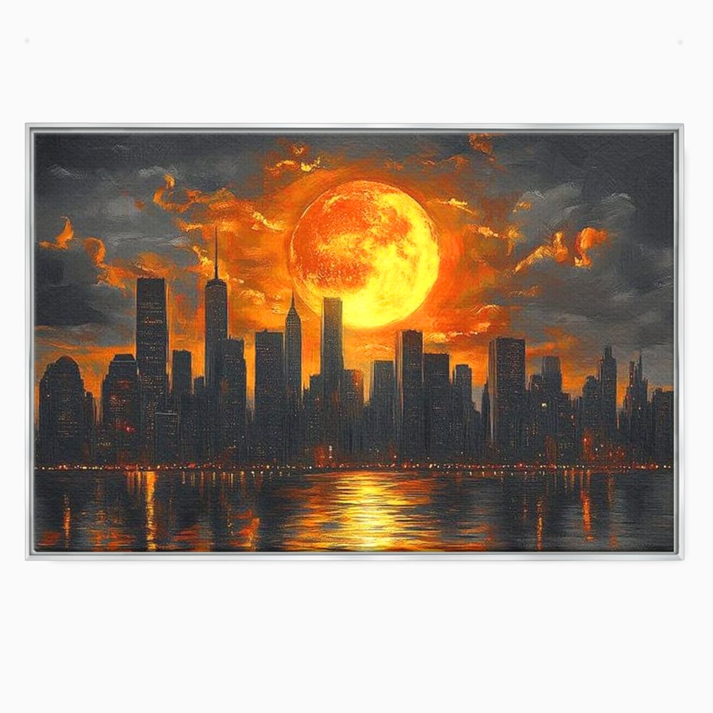 Tablou Canvas Premium, LuxCanva® O1015, Apus Deasupra Metropolei, Apus, Astru, Soare, Flacari, Oras, Cladiri, Zgarie Nori, Cosmic, Apocaliptic, Ancestral, Poveste, Calatorie, Birou, Living, Dormitor