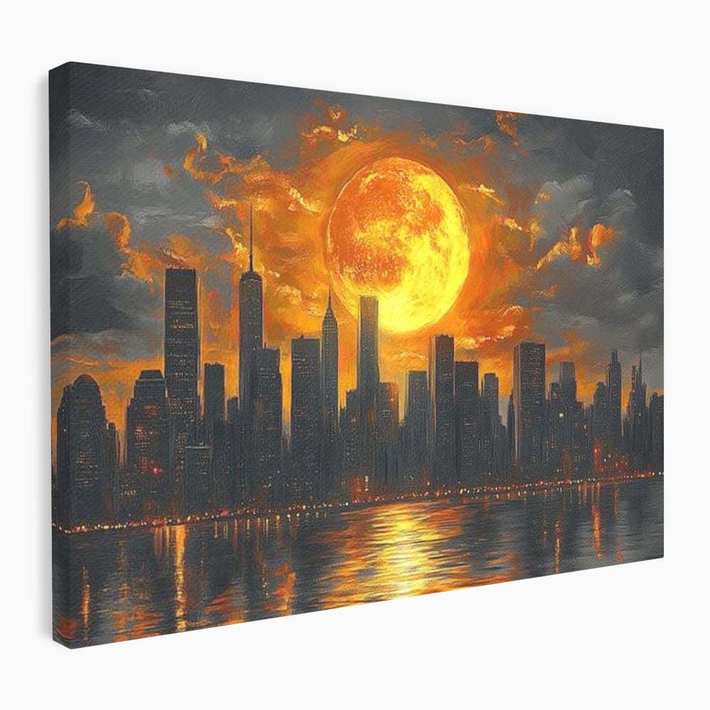 Tablou Canvas Premium, LuxCanva® O1015, Apus Deasupra Metropolei, Apus, Astru, Soare, Flacari, Oras, Cladiri, Zgarie Nori, Cosmic, Apocaliptic, Ancestral, Poveste, Calatorie, Birou, Living, Dormitor