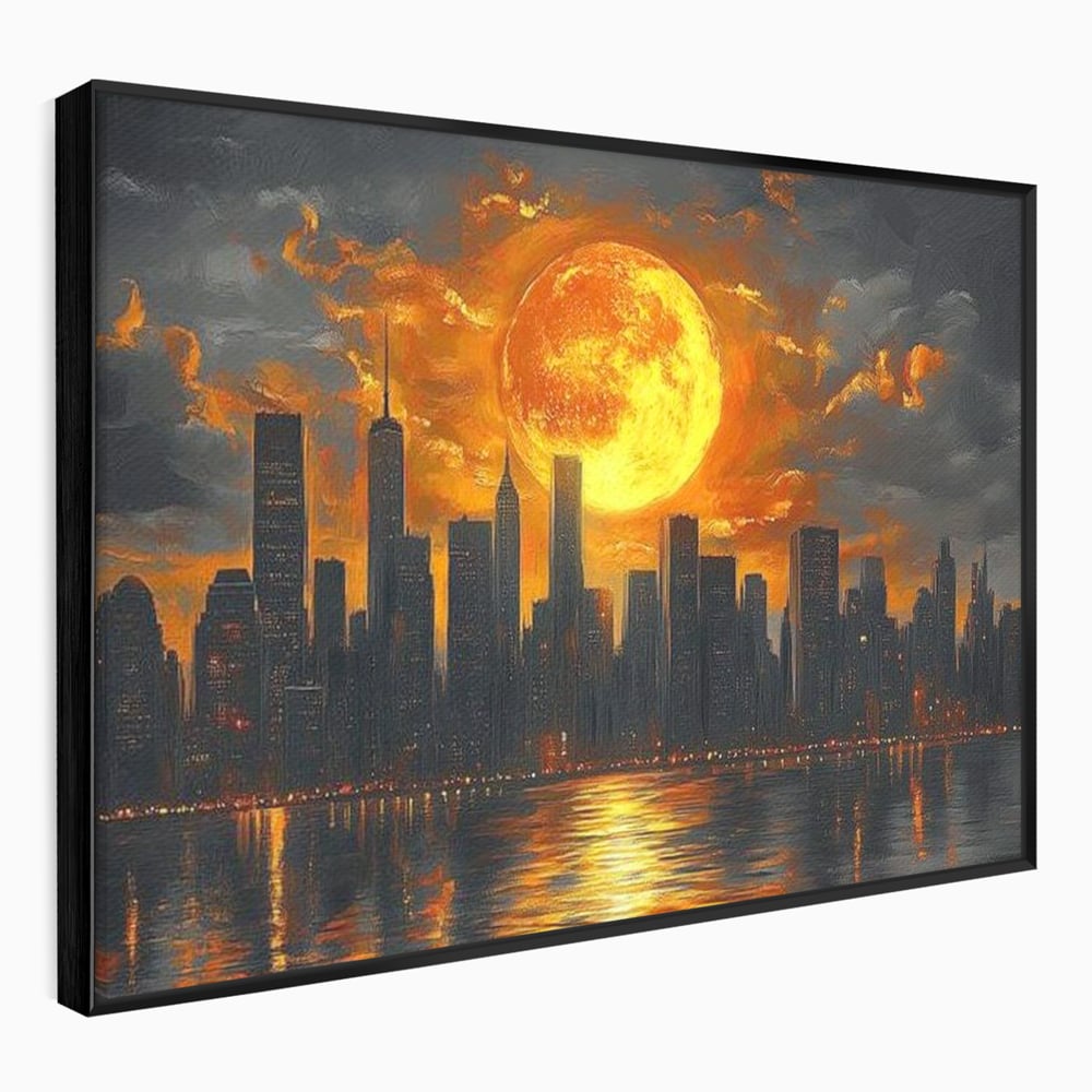 Tablou Canvas Premium, LuxCanva® O1015, Apus Deasupra Metropolei, Apus, Astru, Soare, Flacari, Oras, Cladiri, Zgarie Nori, Cosmic, Apocaliptic, Ancestral, Poveste, Calatorie, Birou, Living, Dormitor