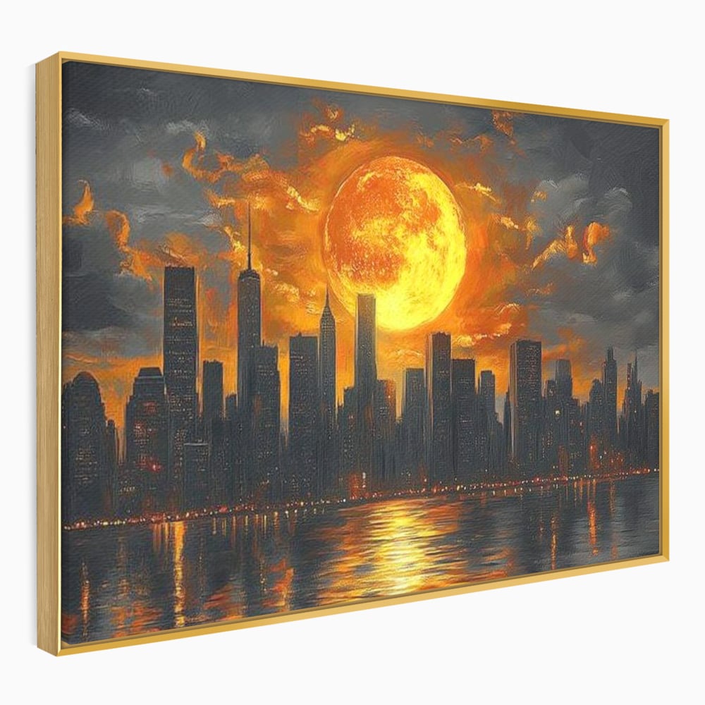 Tablou Canvas Premium, LuxCanva® O1015, Apus Deasupra Metropolei, Apus, Astru, Soare, Flacari, Oras, Cladiri, Zgarie Nori, Cosmic, Apocaliptic, Ancestral, Poveste, Calatorie, Birou, Living, Dormitor