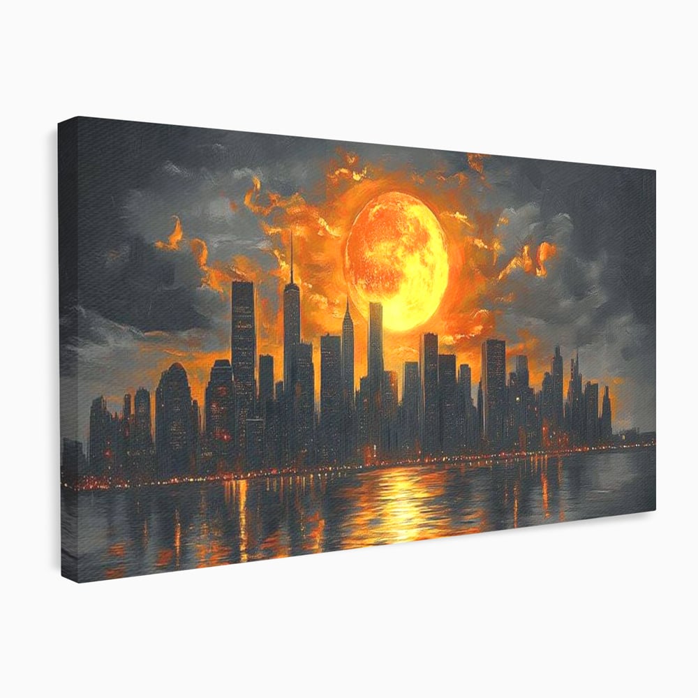 Tablou Canvas Premium, LuxCanva® O1015, Apus Deasupra Metropolei, Apus, Astru, Soare, Flacari, Oras, Cladiri, Zgarie Nori, Cosmic, Apocaliptic, Ancestral, Poveste, Calatorie, Birou, Living, Dormitor