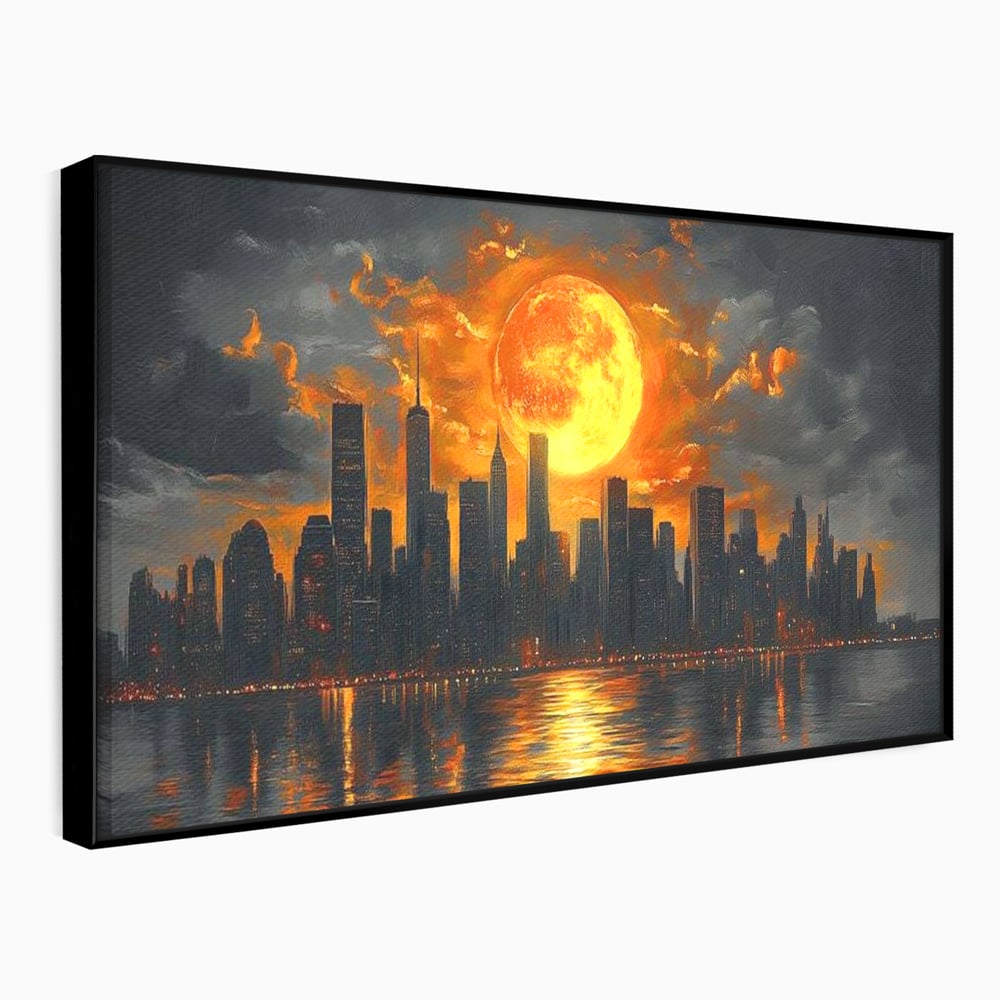Tablou Canvas Premium, LuxCanva® O1015, Apus Deasupra Metropolei, Apus, Astru, Soare, Flacari, Oras, Cladiri, Zgarie Nori, Cosmic, Apocaliptic, Ancestral, Poveste, Calatorie, Birou, Living, Dormitor