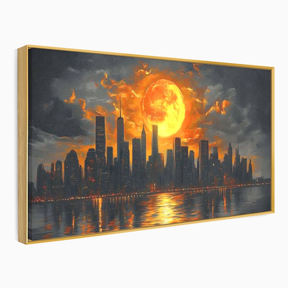 Tablou Canvas Premium, LuxCanva® O1015, Apus Deasupra Metropolei, Apus, Astru, Soare, Flacari, Oras, Cladiri, Zgarie Nori, Cosmic, Apocaliptic, Ancestral, Poveste, Calatorie, Birou, Living, Dormitor