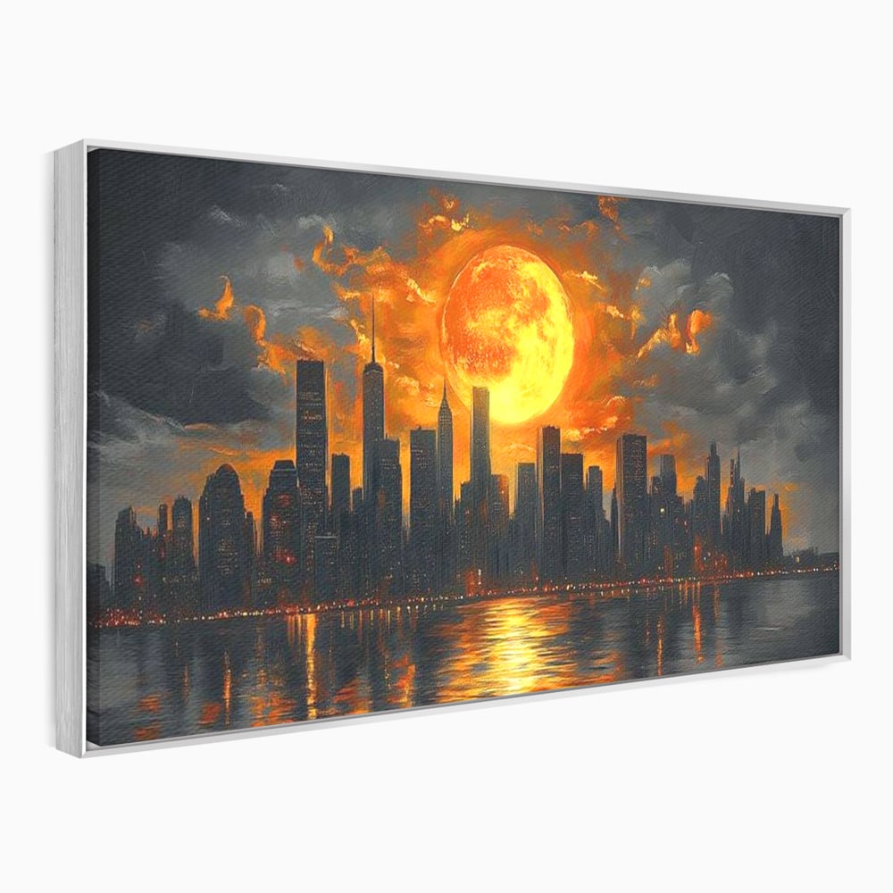 Tablou Canvas Premium, LuxCanva® O1015, Apus Deasupra Metropolei, Apus, Astru, Soare, Flacari, Oras, Cladiri, Zgarie Nori, Cosmic, Apocaliptic, Ancestral, Poveste, Calatorie, Birou, Living, Dormitor