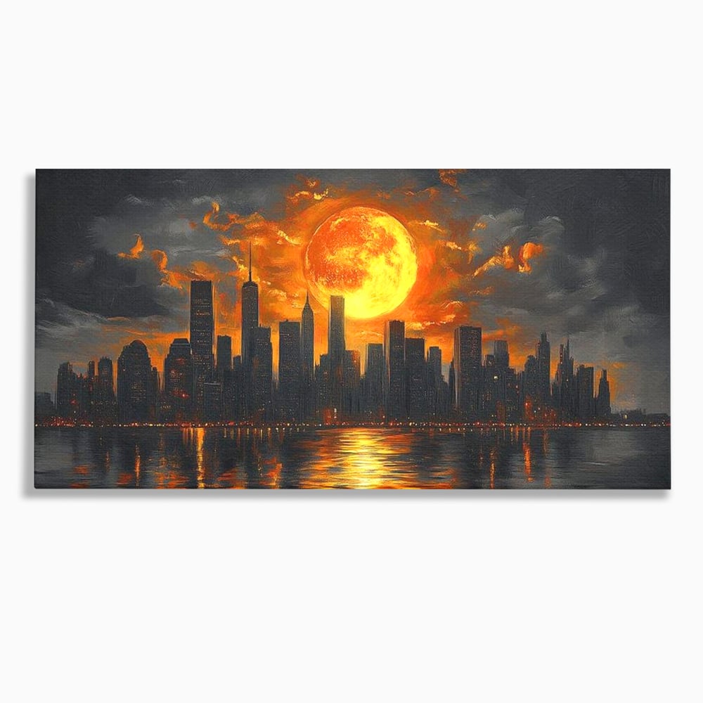 Tablou Canvas Premium, LuxCanva® O1015, Apus Deasupra Metropolei, Apus, Astru, Soare, Flacari, Oras, Cladiri, Zgarie Nori, Cosmic, Apocaliptic, Ancestral, Poveste, Calatorie, Birou, Living, Dormitor