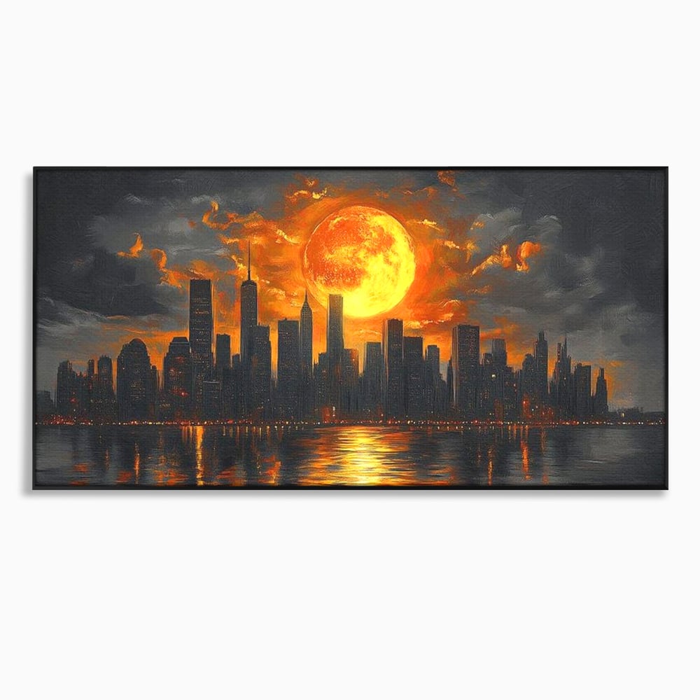 Tablou Canvas Premium, LuxCanva® O1015, Apus Deasupra Metropolei, Apus, Astru, Soare, Flacari, Oras, Cladiri, Zgarie Nori, Cosmic, Apocaliptic, Ancestral, Poveste, Calatorie, Birou, Living, Dormitor
