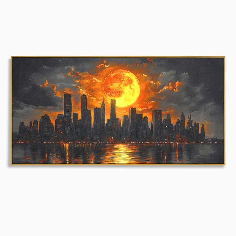 Tablou Canvas Premium, LuxCanva® O1015, Apus Deasupra Metropolei, Apus, Astru, Soare, Flacari, Oras, Cladiri, Zgarie Nori, Cosmic, Apocaliptic, Ancestral, Poveste, Calatorie, Birou, Living, Dormitor