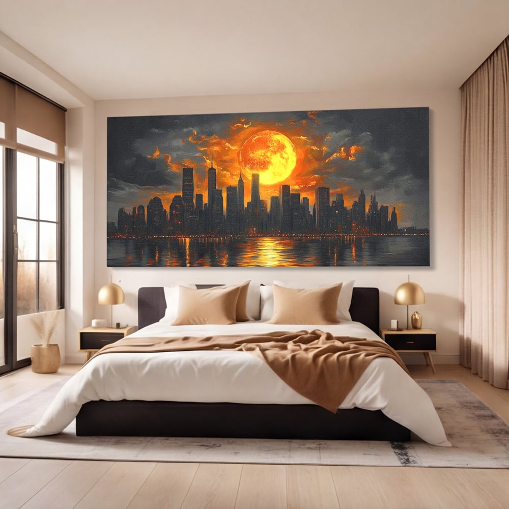Tablou Canvas Premium, LuxCanva® O1015, Apus Deasupra Metropolei, Apus, Astru, Soare, Flacari, Oras, Cladiri, Zgarie Nori, Cosmic, Apocaliptic, Ancestral, Poveste, Calatorie, Birou, Living, Dormitor