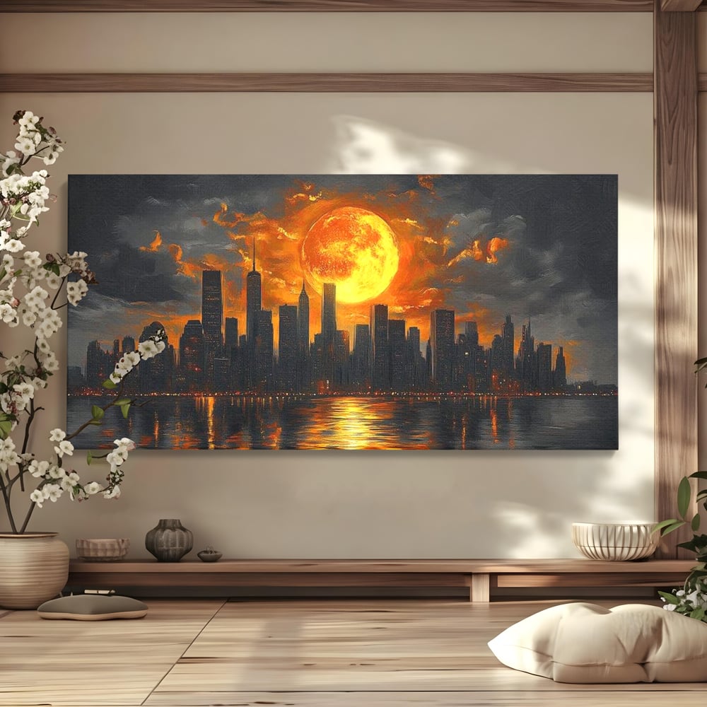 Tablou Canvas Premium, LuxCanva® O1015, Apus Deasupra Metropolei, Apus, Astru, Soare, Flacari, Oras, Cladiri, Zgarie Nori, Cosmic, Apocaliptic, Ancestral, Poveste, Calatorie, Birou, Living, Dormitor