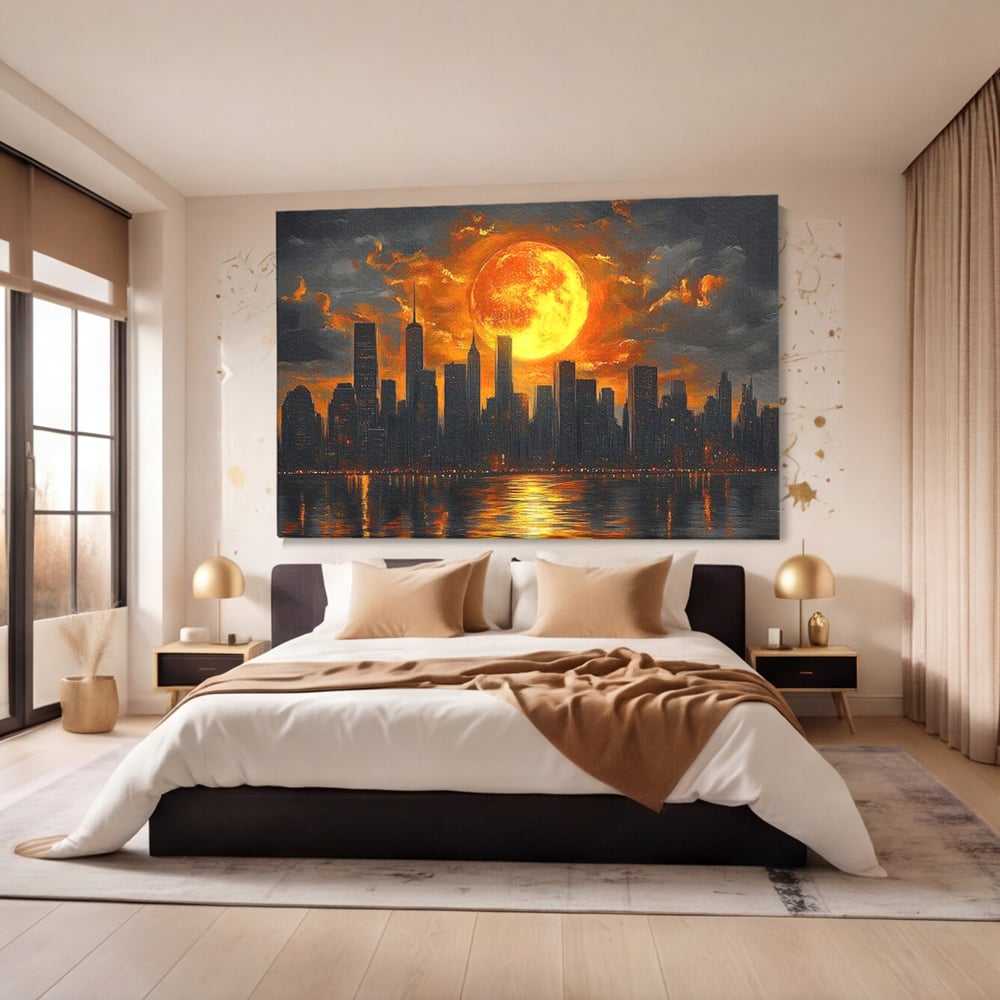 Tablou Canvas Premium, LuxCanva® O1015, Apus Deasupra Metropolei, Apus, Astru, Soare, Flacari, Oras, Cladiri, Zgarie Nori, Cosmic, Apocaliptic, Ancestral, Poveste, Calatorie, Birou, Living, Dormitor