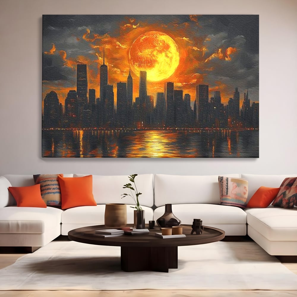 Tablou Canvas Premium, LuxCanva® O1015, Apus Deasupra Metropolei, Apus, Astru, Soare, Flacari, Oras, Cladiri, Zgarie Nori, Cosmic, Apocaliptic, Ancestral, Poveste, Calatorie, Birou, Living, Dormitor