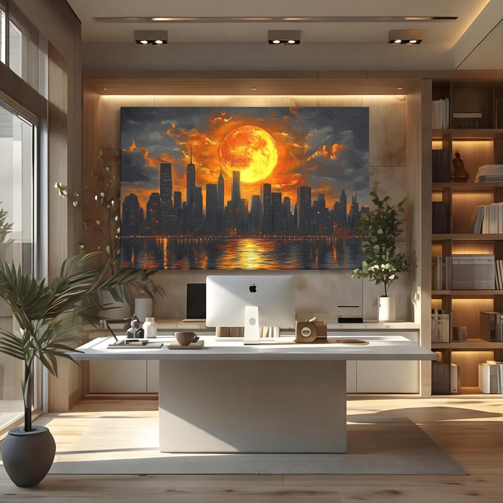 Tablou Canvas Premium, LuxCanva® O1015, Apus Deasupra Metropolei, Apus, Astru, Soare, Flacari, Oras, Cladiri, Zgarie Nori, Cosmic, Apocaliptic, Ancestral, Poveste, Calatorie, Birou, Living, Dormitor