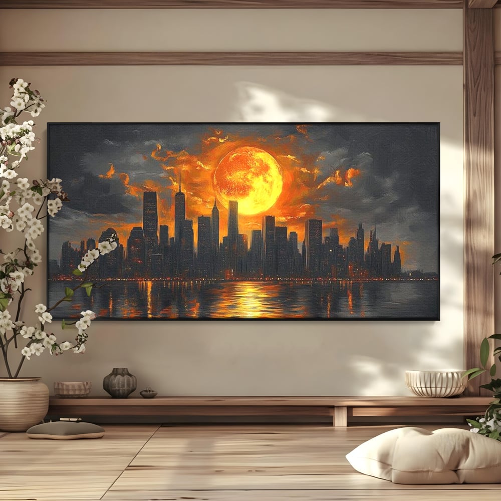 Tablou Canvas Premium, LuxCanva® O1015, Apus Deasupra Metropolei, Apus, Astru, Soare, Flacari, Oras, Cladiri, Zgarie Nori, Cosmic, Apocaliptic, Ancestral, Poveste, Calatorie, Birou, Living, Dormitor