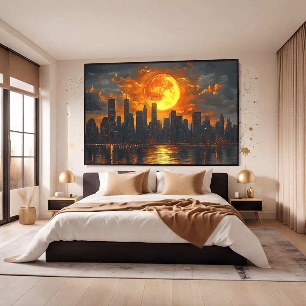 Tablou Canvas Premium, LuxCanva® O1015, Apus Deasupra Metropolei, Apus, Astru, Soare, Flacari, Oras, Cladiri, Zgarie Nori, Cosmic, Apocaliptic, Ancestral, Poveste, Calatorie, Birou, Living, Dormitor