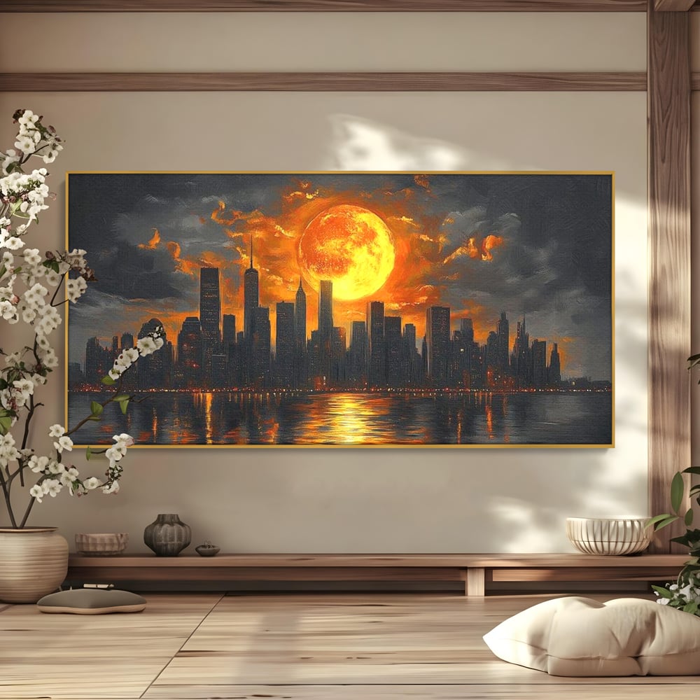 Tablou Canvas Premium, LuxCanva® O1015, Apus Deasupra Metropolei, Apus, Astru, Soare, Flacari, Oras, Cladiri, Zgarie Nori, Cosmic, Apocaliptic, Ancestral, Poveste, Calatorie, Birou, Living, Dormitor