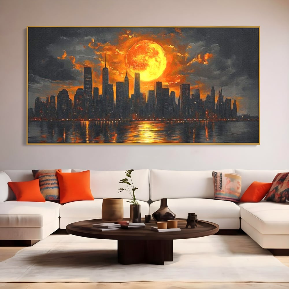 Tablou Canvas Premium, LuxCanva® O1015, Apus Deasupra Metropolei, Apus, Astru, Soare, Flacari, Oras, Cladiri, Zgarie Nori, Cosmic, Apocaliptic, Ancestral, Poveste, Calatorie, Birou, Living, Dormitor