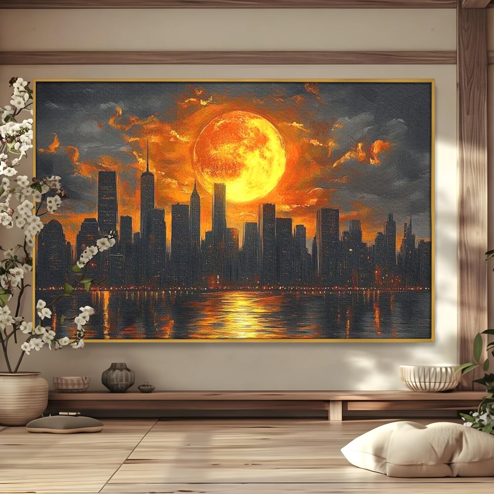 Tablou Canvas Premium, LuxCanva® O1015, Apus Deasupra Metropolei, Apus, Astru, Soare, Flacari, Oras, Cladiri, Zgarie Nori, Cosmic, Apocaliptic, Ancestral, Poveste, Calatorie, Birou, Living, Dormitor