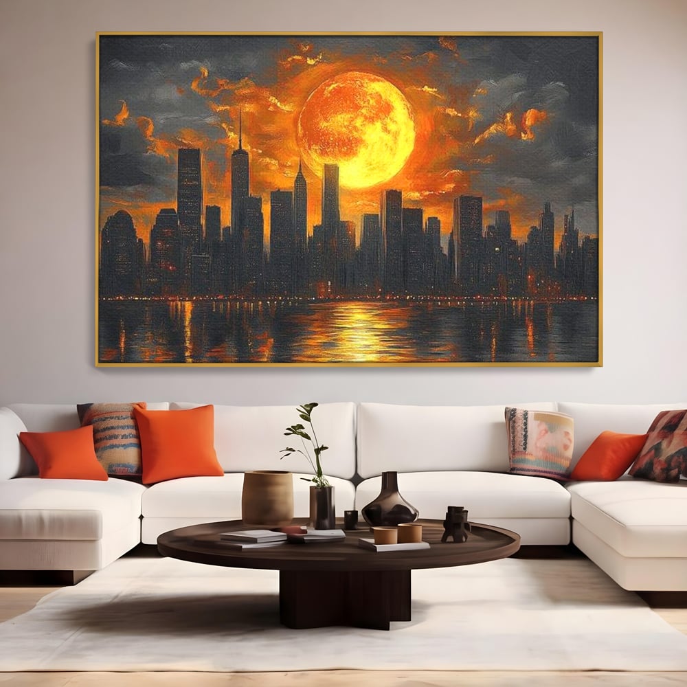 Tablou Canvas Premium, LuxCanva® O1015, Apus Deasupra Metropolei, Apus, Astru, Soare, Flacari, Oras, Cladiri, Zgarie Nori, Cosmic, Apocaliptic, Ancestral, Poveste, Calatorie, Birou, Living, Dormitor