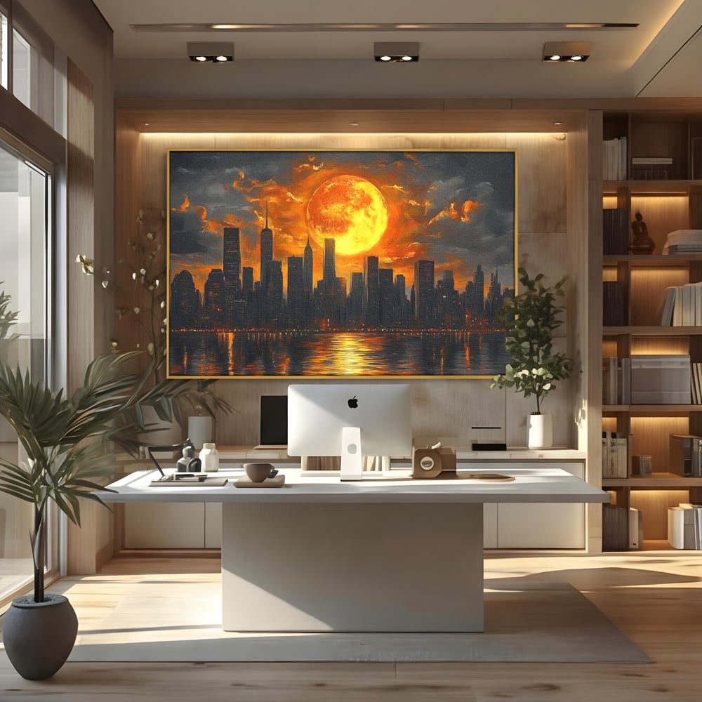 Tablou Canvas Premium, LuxCanva® O1015, Apus Deasupra Metropolei, Apus, Astru, Soare, Flacari, Oras, Cladiri, Zgarie Nori, Cosmic, Apocaliptic, Ancestral, Poveste, Calatorie, Birou, Living, Dormitor