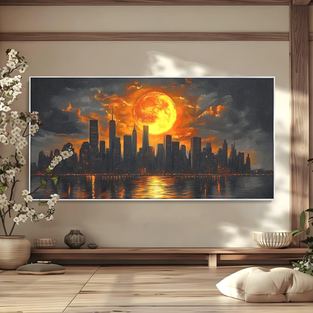 Tablou Canvas Premium, LuxCanva® O1015, Apus Deasupra Metropolei, Apus, Astru, Soare, Flacari, Oras, Cladiri, Zgarie Nori, Cosmic, Apocaliptic, Ancestral, Poveste, Calatorie, Birou, Living, Dormitor