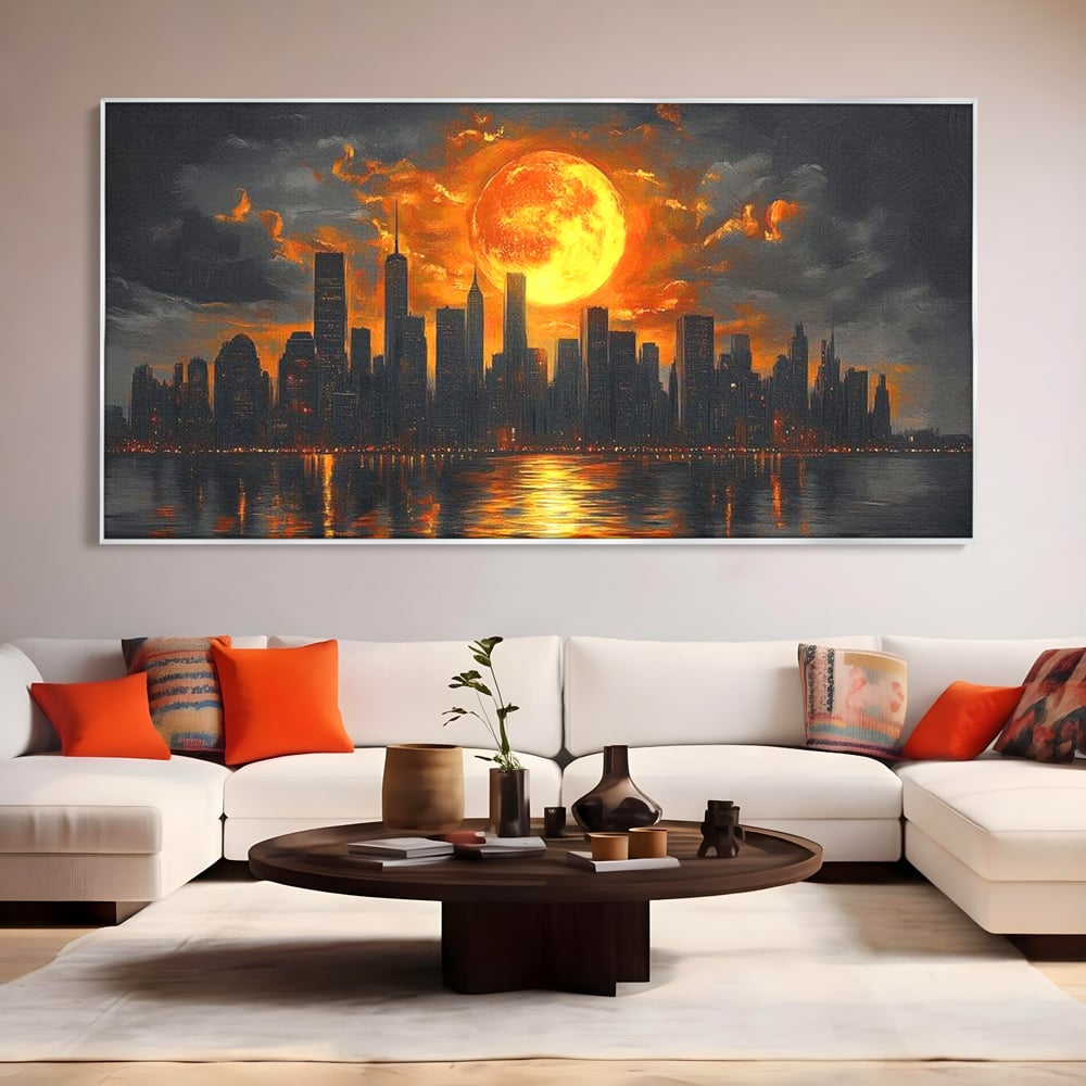 Tablou Canvas Premium, LuxCanva® O1015, Apus Deasupra Metropolei, Apus, Astru, Soare, Flacari, Oras, Cladiri, Zgarie Nori, Cosmic, Apocaliptic, Ancestral, Poveste, Calatorie, Birou, Living, Dormitor