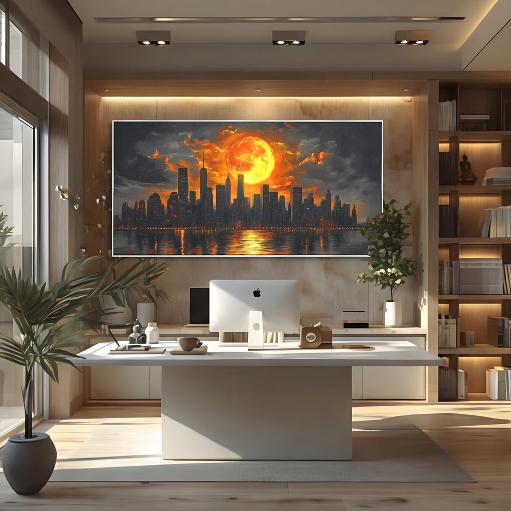 Tablou Canvas Premium, LuxCanva® O1015, Apus Deasupra Metropolei, Apus, Astru, Soare, Flacari, Oras, Cladiri, Zgarie Nori, Cosmic, Apocaliptic, Ancestral, Poveste, Calatorie, Birou, Living, Dormitor